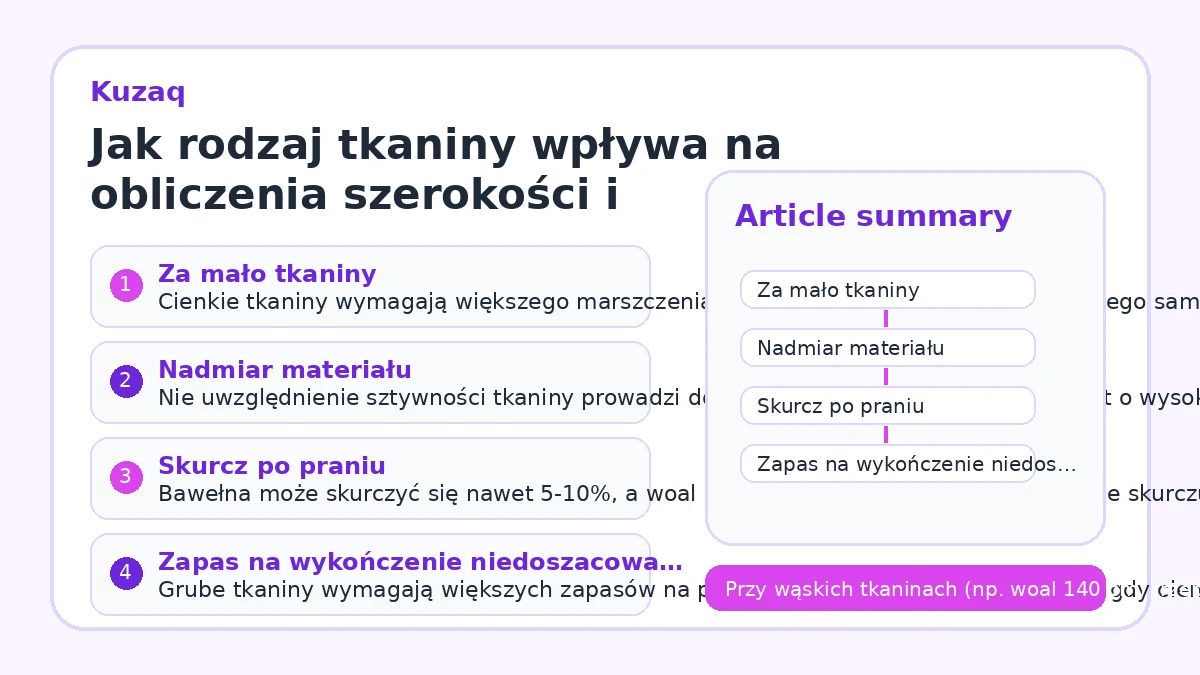 Jak rodzaj tkaniny wpływa na obliczenia szerokości i marszczenia